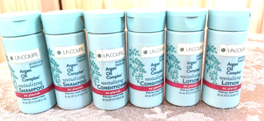 LaCoupe Argan Oil Complex 2 Shampoo 2 Conditioner 2 Lotion .75 oz Travel Bottles